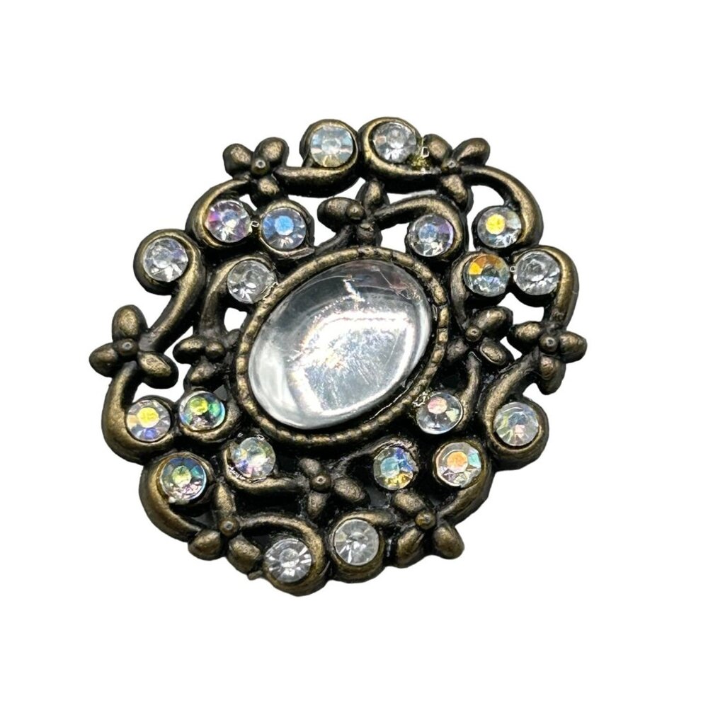 Pretty Rhinestones Pin Brooch Moonglow Acrylic Cabochon Antique Style Jewelry
